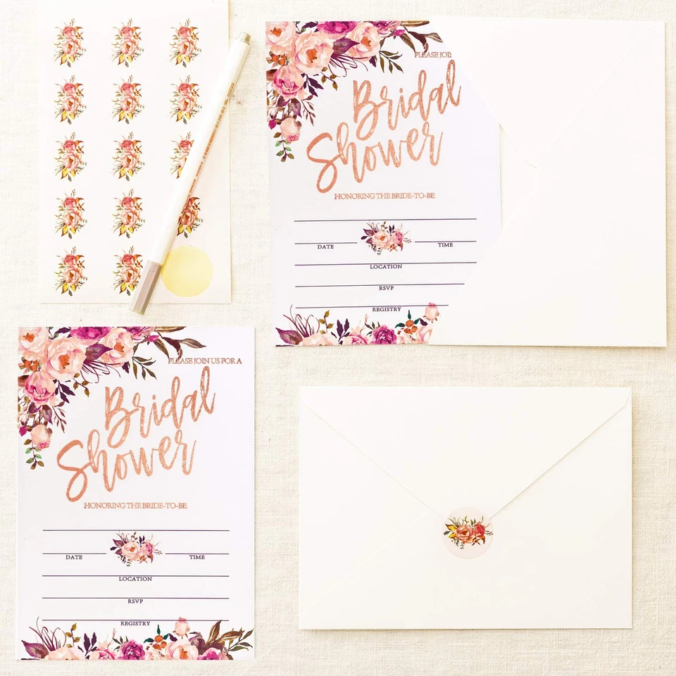 Invitación de ducha nupcial de lámina de oro rosa con sobres, invitación de ducha nupcial,... Foto 4 de 4