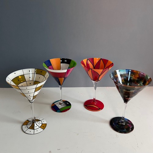 Martini Glasses Hand Painted Colorful Art Glass MCM Cocktail Barware Set Patio