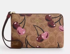 NWT Coach CZ450 Corner Zip Wristlet with Cherry Print Signature Canvas  Leather