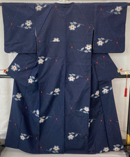 Japanese Vintage Kimono Silk Navy Ryukyu Tumugi Traditional Authentic Length63in