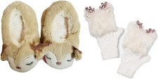 NEW Fluffy Deer themed Girl's fingerless gloves and slipper bundle Size M/L 