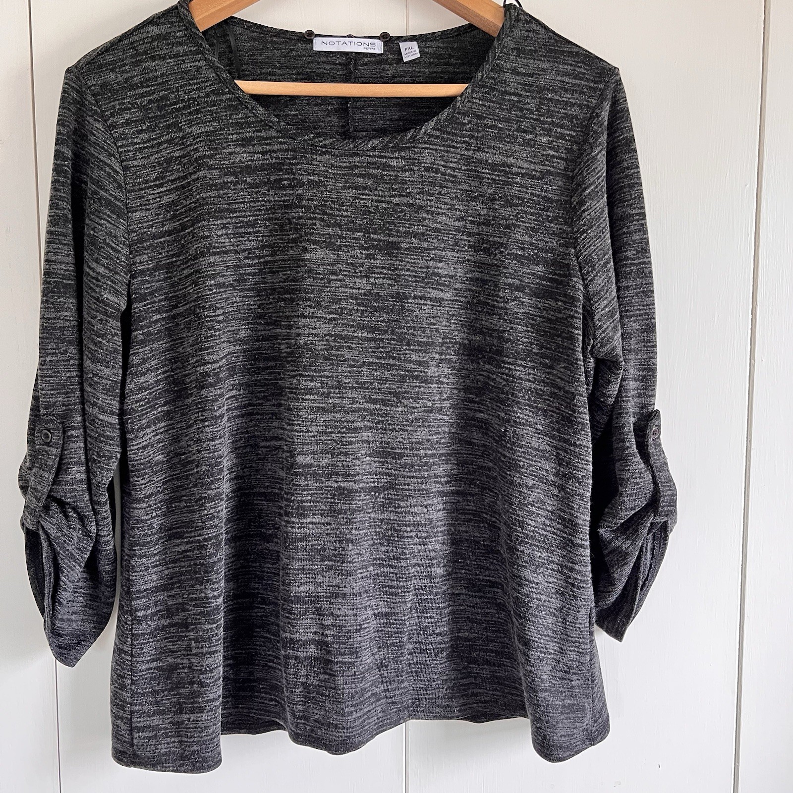 Notations 3/4 Roll-Tab Sleeve Top Black/Grey Heathered Petite XL