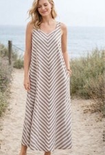 J.JILL DRESS S Love LINEN MAXY STRIPES SUMMER SPRING BEECHNUT Pockets