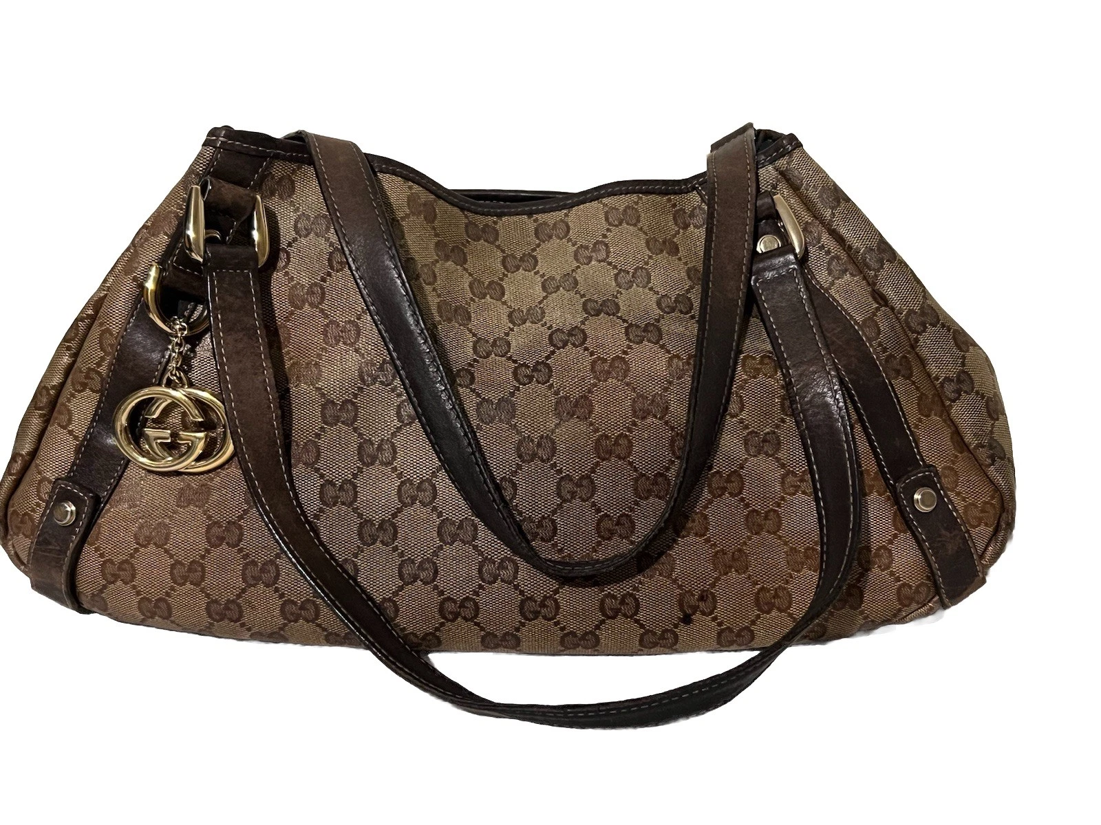 Gucci — Gucci GG Crystal Logo Monogram Tan and Dark Brown Abbey Tote Shoulder Bag