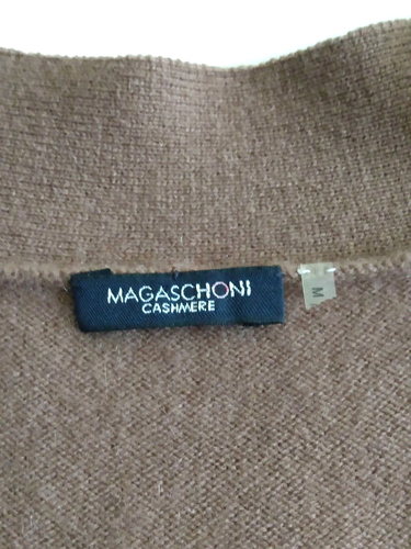 Magaschoni Size M Tan Brown Cashmere Bow Detail V Neck Hook Eye Cardigan Sweater - Picture 3 of 7