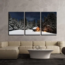 Wall26 Canvas Wall Art Set of 3 - Pine Tree Forest and Wood Hut in Snow Prints