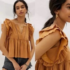 Anthropologie Pilcro the Letterpress Caroline Ruffled Babydoll Top XL in Gold