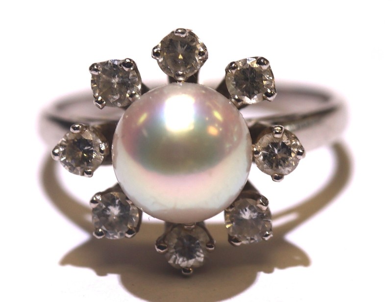 14k white gold .80ct SI1 H diamond round pearl ring 5.1g estate size 7.5
