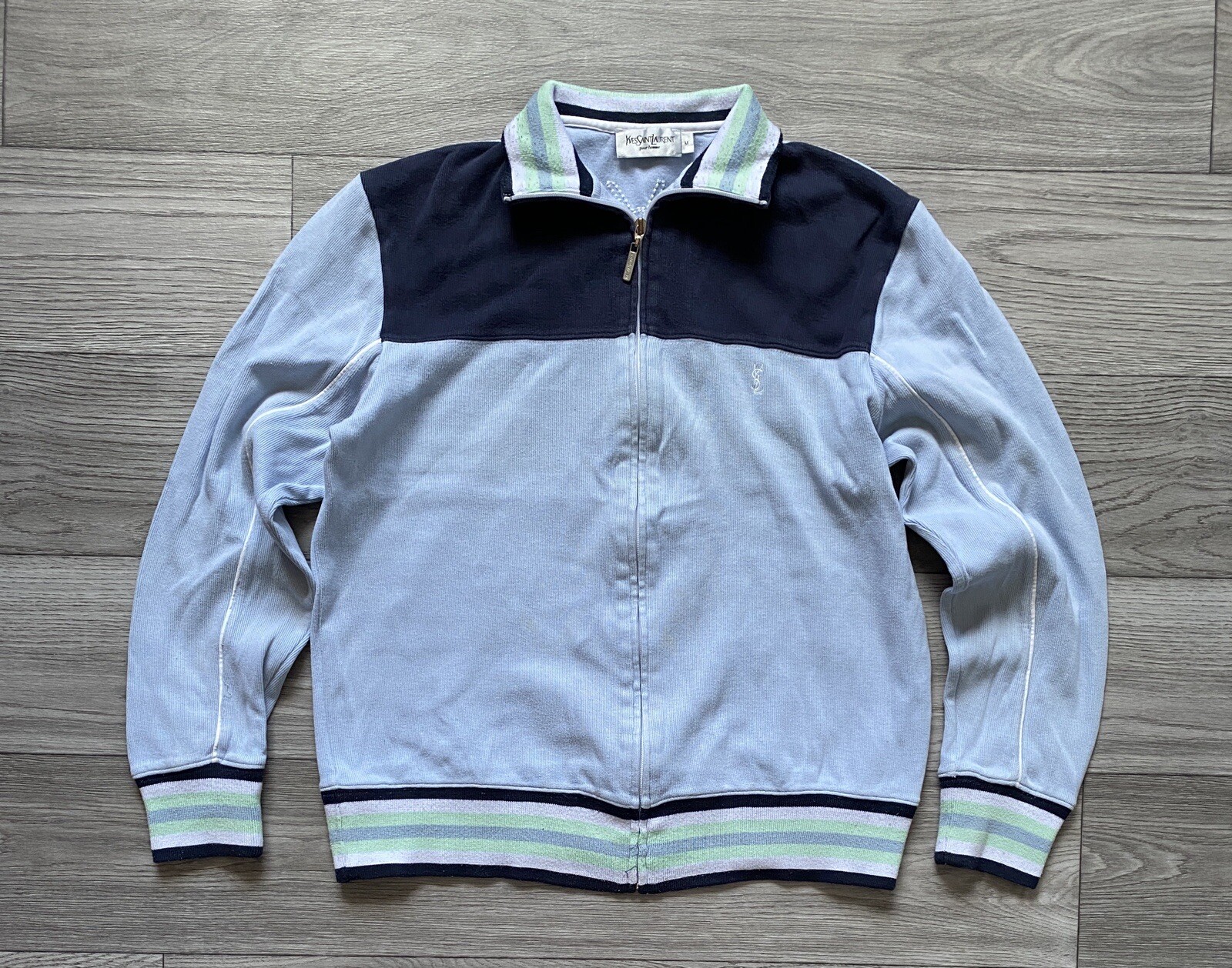 Maglione vintage raro YSL Yves Saint Laurent con cerniera grande logo uomo M blu