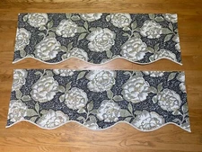 2 Scallop Valances Floral Cotton Lined Cream Black Olive Print Trim 17"x52" NEW