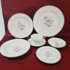 7 Pc Single Setting Embassy USA Vitrified China Pink Gray Floral White Silver