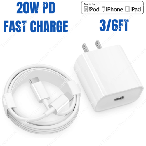 20W Fast Charger Wall Adapter PD USB C Charging Cable 3/6ft For iPhone 12 11 Pro - Afbeelding 1 van 13
