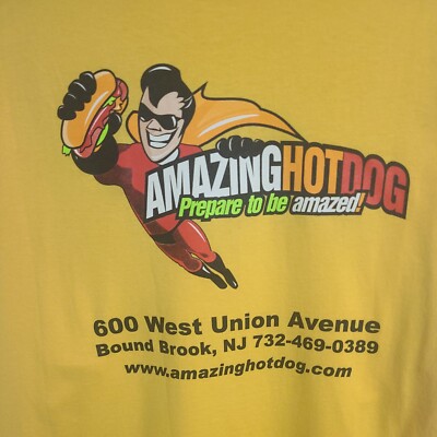 Amazing Hot Dogs Bound Brook NJ 2xl Mens Yellow Double-sided Logo Tshirt