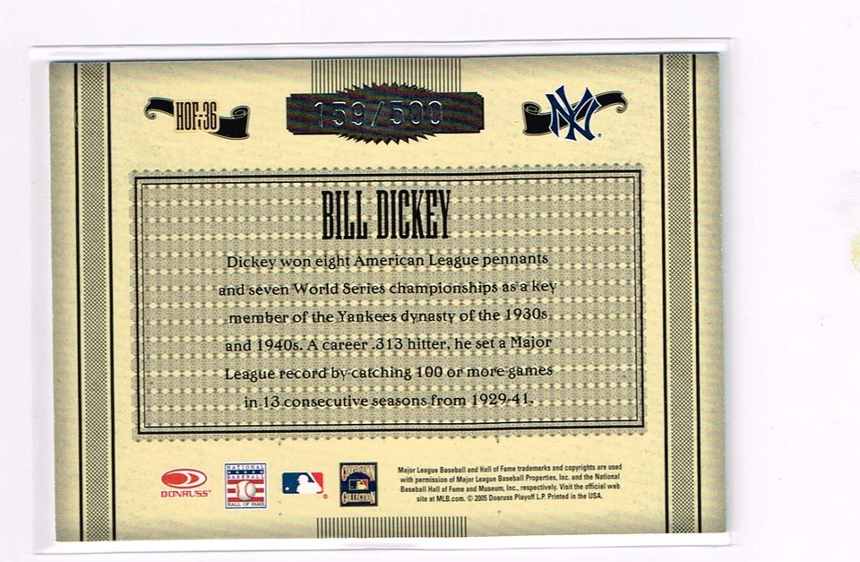 BILL DICKEY 2005 TIMELESS TREASURES CARD # 159/500 NEW YORK YANKEES HOF - Image 2 of 2