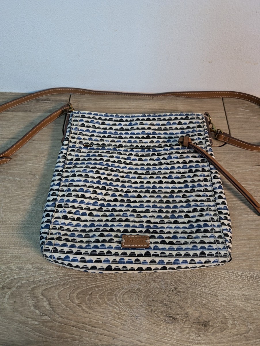 Fossil Rachel Black Blue Stripe Polka Dot Crossbody Bag Satchel