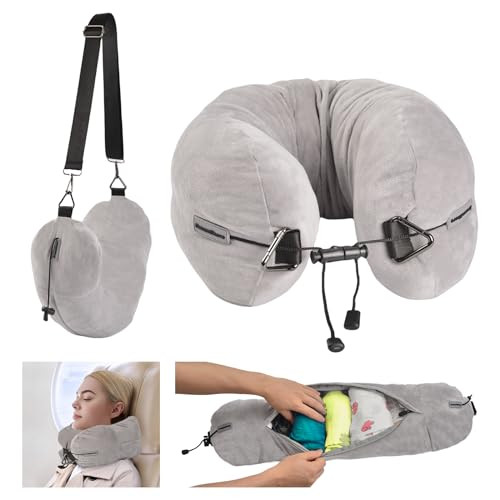 Adjustable Grey Stuffable Travel Neck Pillow for Extra Luggage Storage-image