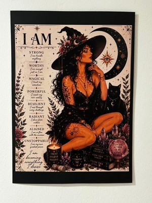 I Am Affirmation Witch A4 Art Print | Gothic Moon Black Cat Spiritual Wall Art