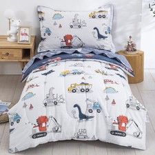 4 Pieces Cotton Bedding Set, Dinosaur Cars Reversible Bed Comforter Set for B...