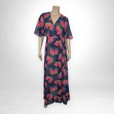 ZARA Blue Floral Maxi Dress Wrap Long Sheer Chiffon V-Neck Short Flutter Sleeve