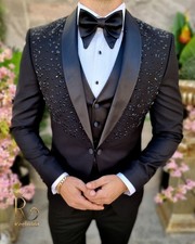 Black Men's Suits Beading Diamond 3PCS Luxury Prom Party Dinner Jacket Coat