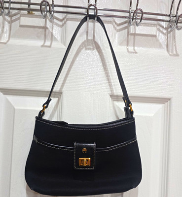 Vintage Etienne Aigner Black Canvas Baguette Shoulder Bag Gold Turnlock Y2K