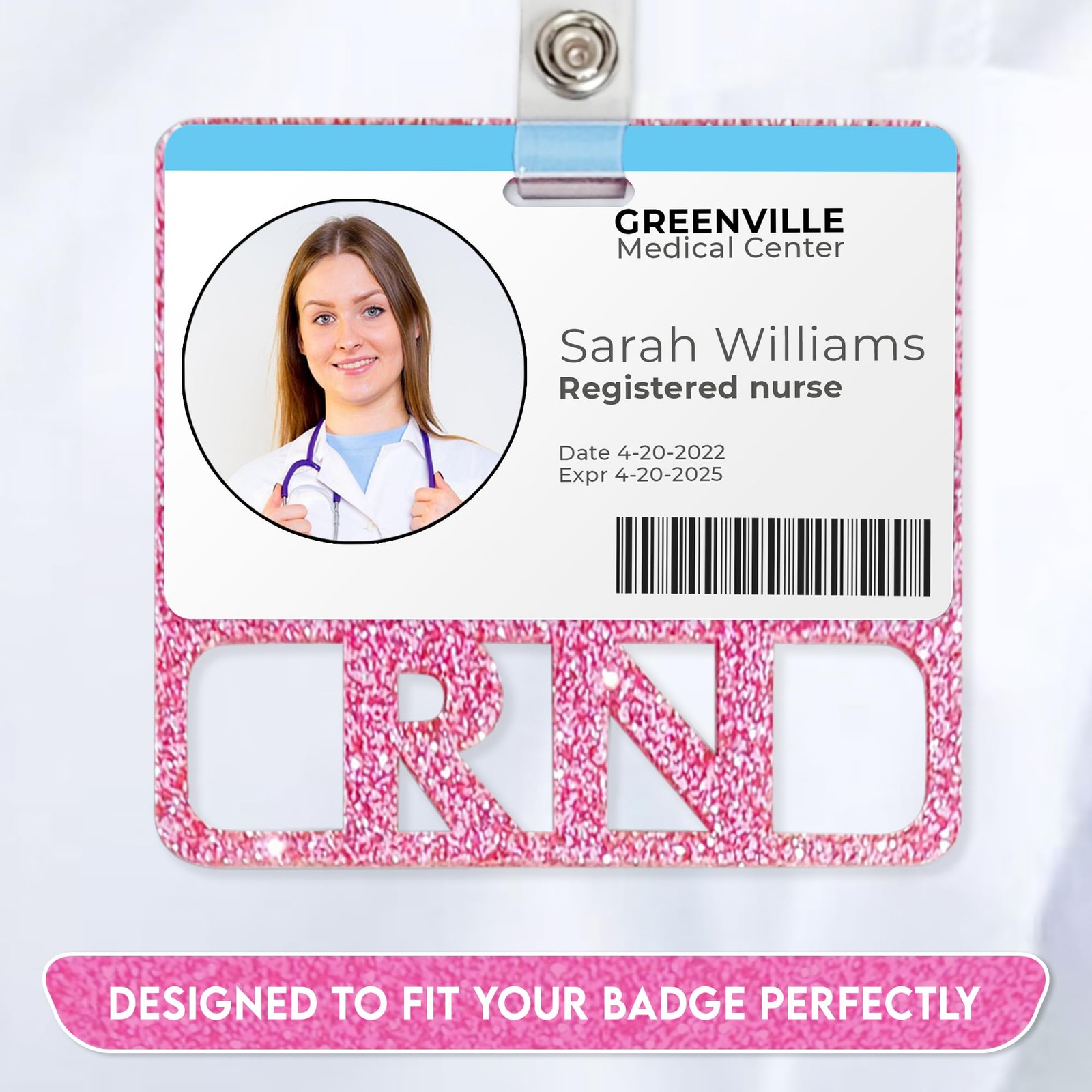 как выглядит RN Badge Buddy Horizontal Registered Nurse Acrylic Card Pink Glitter ID Standard фото