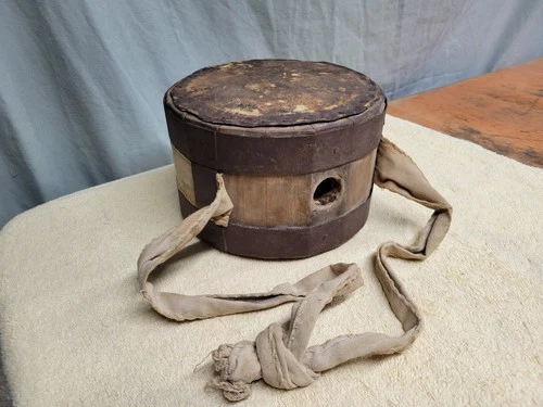 Vintage Military Wooden Water Canteen 7 1/2" Cloth Strap Civil War? WW1?  RARE