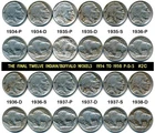 12-PIECE 1934 TO 1938 P-D-S INDIAN/BUFFALO NICKELS #2C - THE FINAL TWELVE ISSUES