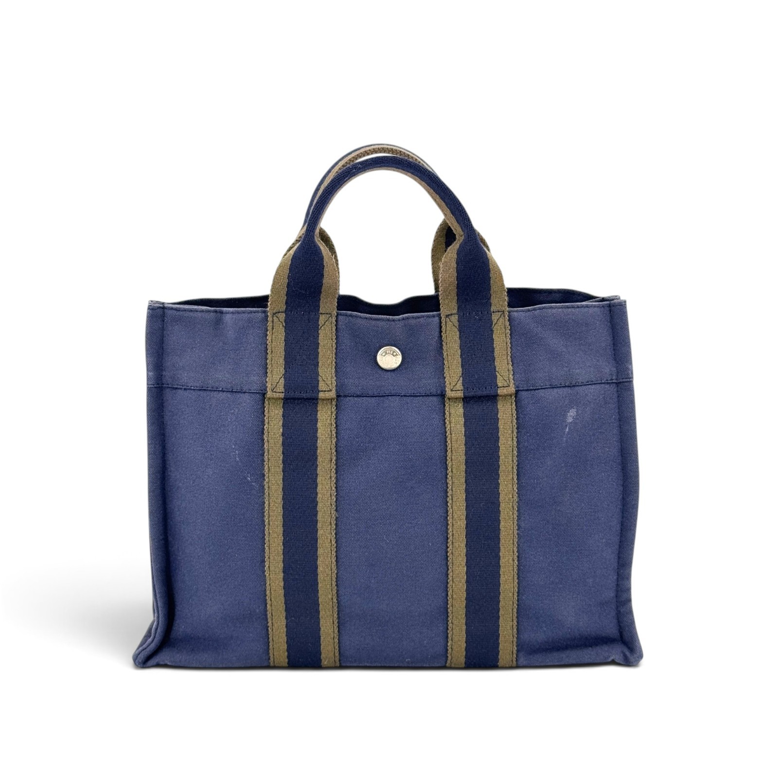 HERMES Fourre Tout PM Canvas Navy Brown Stripe Handle Tote Bag