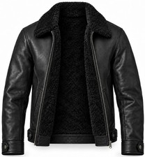 Chaqueta de aviador de cuero de oveja genuina negra forrada de piel bombardero de invierno para hombre