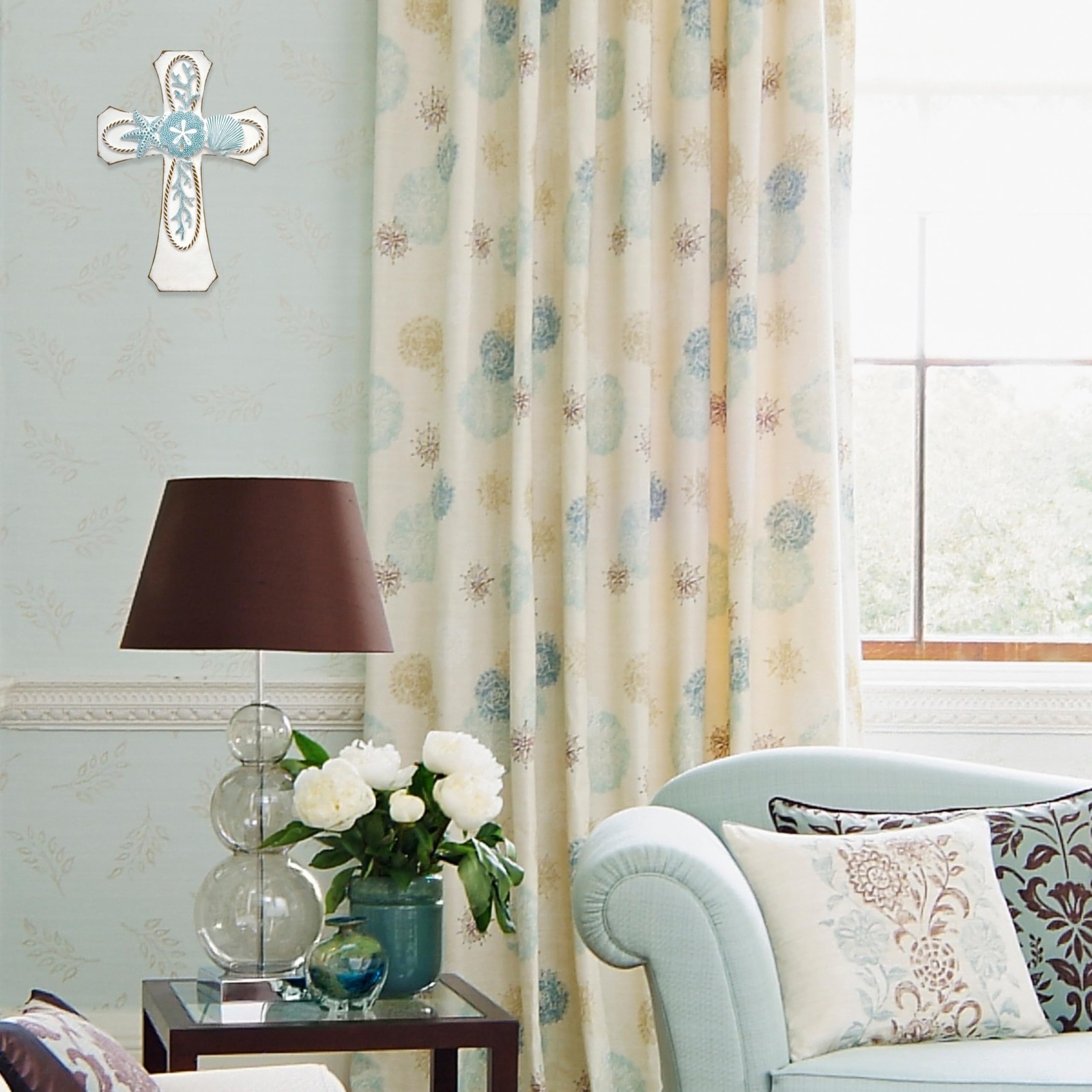 Coastal Nautical Spiritual Wall Cross with Starfish, Coral, and Sea Shell Des...