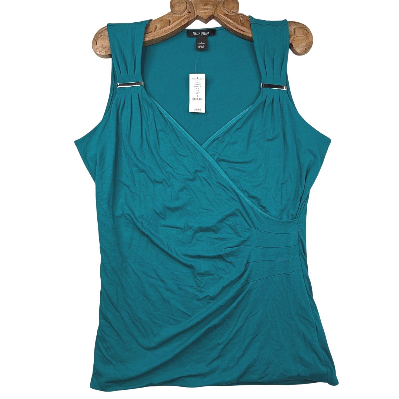 White House Lotus Teal Surplice Sleeveless Ruched Top Large office contemporary