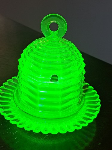 Victorian Beehive Honey Pot Glass Vaseline Uranium
