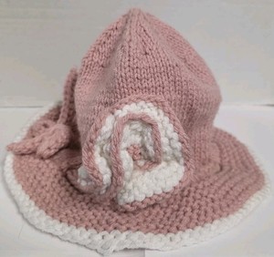 Crocheted Adult Sized Pink Hat with White Trim & Flower Accent