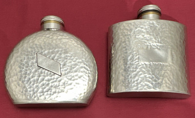 2 Pc Pewter POCKET / HIP FLASKS Unbranded Hammered Finish Round & Rectangle