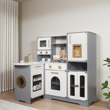 Large Wooden Corner Toy Kitchen Playsets with Real Running Water, 2 in 1 Water D