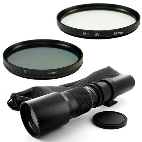 500mm Telephoto Lens + 67mm UV,CPL Filters for Canon EOS Kiss Digital Rebel T3i - Picture 1 of 1