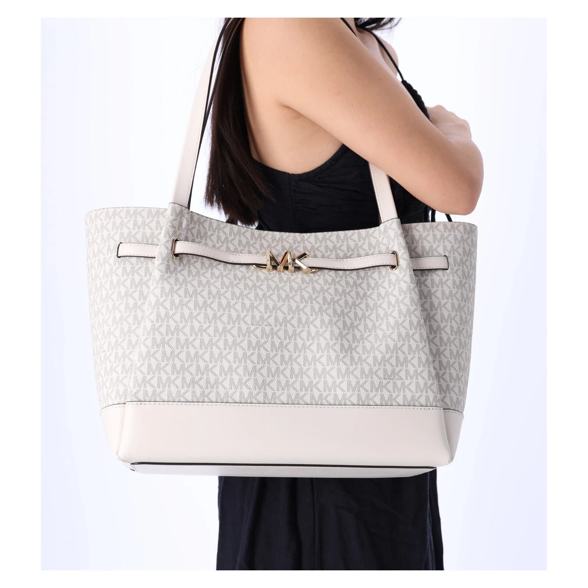 Michael Kors Reed Large Belted Logo Shoulder Bag Tote Light Cream