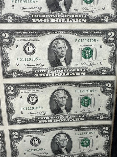 1976 non tagliato, foglio da 16, banconote da 2 dollari anno bicentenario - Foto 6 di 14