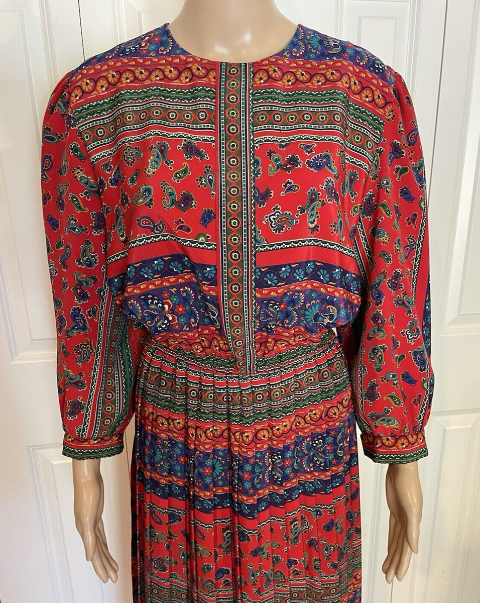 Vintage Lady Carol Petites of NY 16P Red Multicolor Paisley Pleated Dress |  eBay