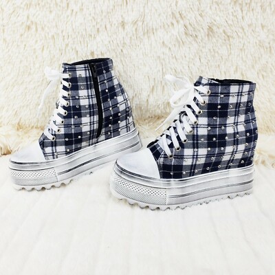 Wang Cherry Bomb Platform Sneaker Ankle Boots White Navy Plaid Punk Goth NY