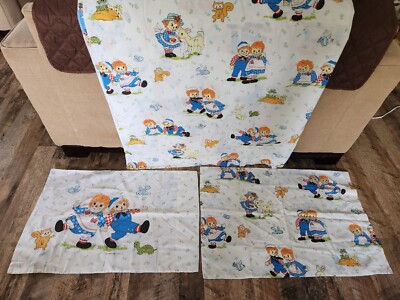 Vintage Raggedy Ann Set Twin Bed Flat Sheet & 2 Pillow case Bobbs Merrill Co