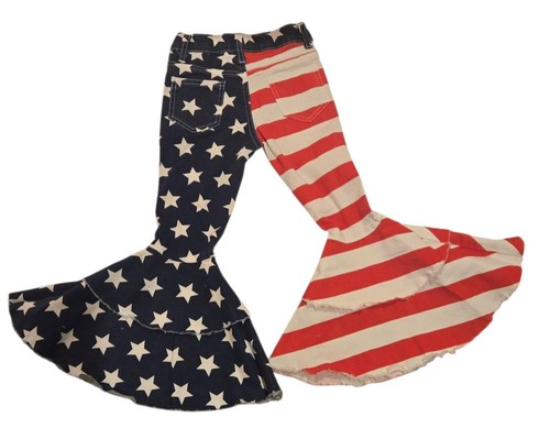 Girls American Flag 4th of July Distressed Denim Double Ruffle Bell Bottoms XL - Picture 5 of 17