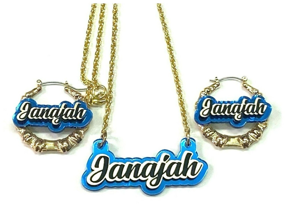 Personalized Bamboo Name Plate Necklace & Earring Set - Customize with Any Name