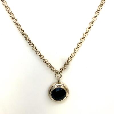 Vintage Signed Elle Sterling Round Black Onyx Pendant Rolo Chain Necklace sz 17