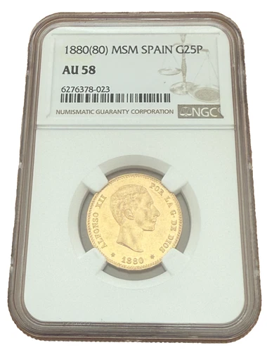 Spain 1880 (80) Gold 25 Pesetas NGC AU58 Alfonso XII