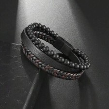 Black Onyx Beads Gemstone Braided Leather Bracelet Magnetic Clasp Bangle Men
