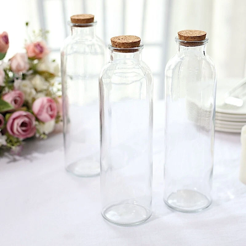 12 Clear 16 oz Round Storage Jars Refillable GLASS BOTTLES Cork Stopper Party