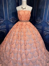 Pizzo di cotone ricamato all'uncinetto all'uncinetto pesca scintillante. Bordi smerlati. Morbido. BTY