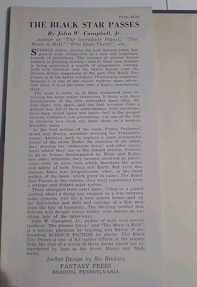 SIGNED!! John W. Campbell, Jr. THE BLACK STAR PASSES #308/500 - Image 2 of 4